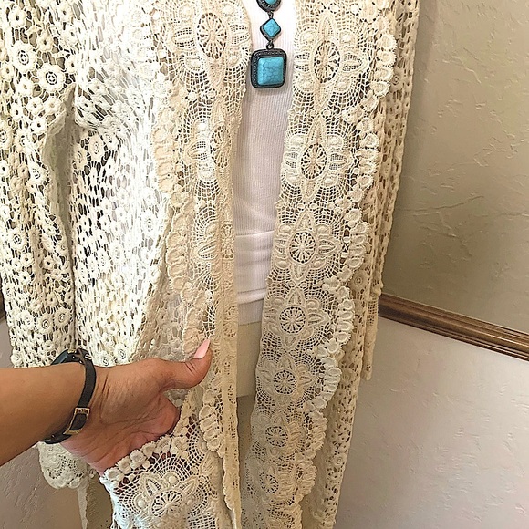 Johnny Was Midi All Over Lace Crochet Kimono Duster Cardigan w/Pockets EUC Sz M - Picture 4 of 12